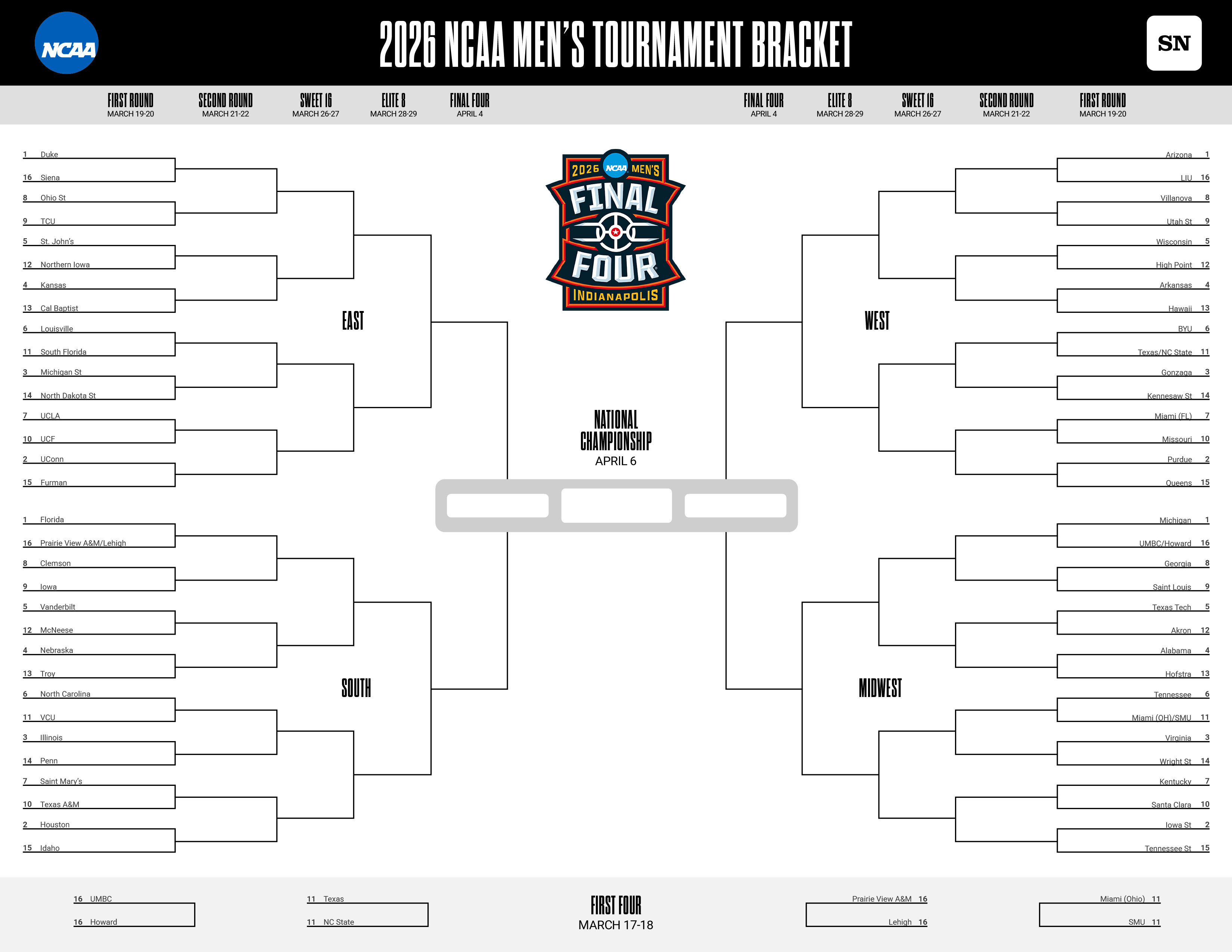 March Madness printable bracket Download a free 2026 NCAA Tournament